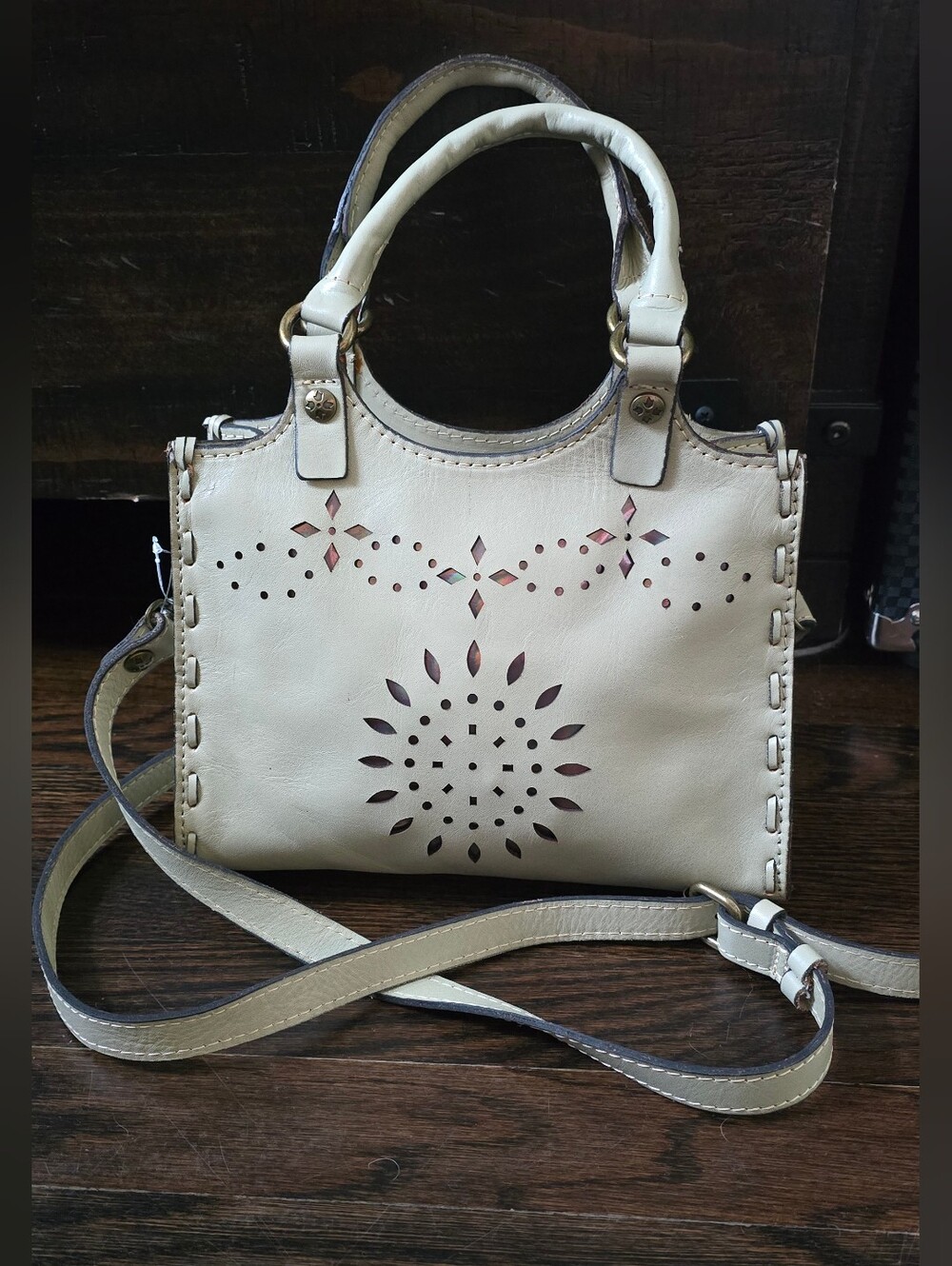 Patricia Nash Cream Laser-Cut Leather Crossbody Satchel